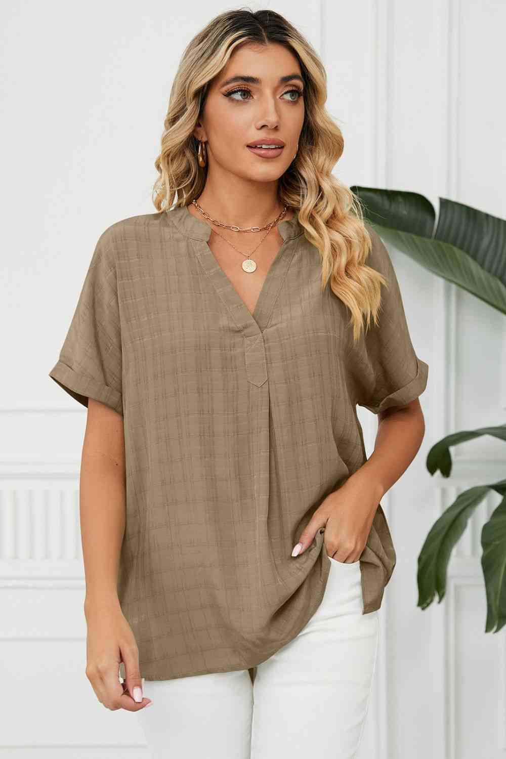 Side Slit Notched Neck Cuffed Short Sleeve Blouse - Ladyez