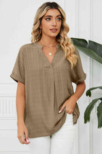 Side Slit Notched Neck Cuffed Short Sleeve Blouse - Ladyez