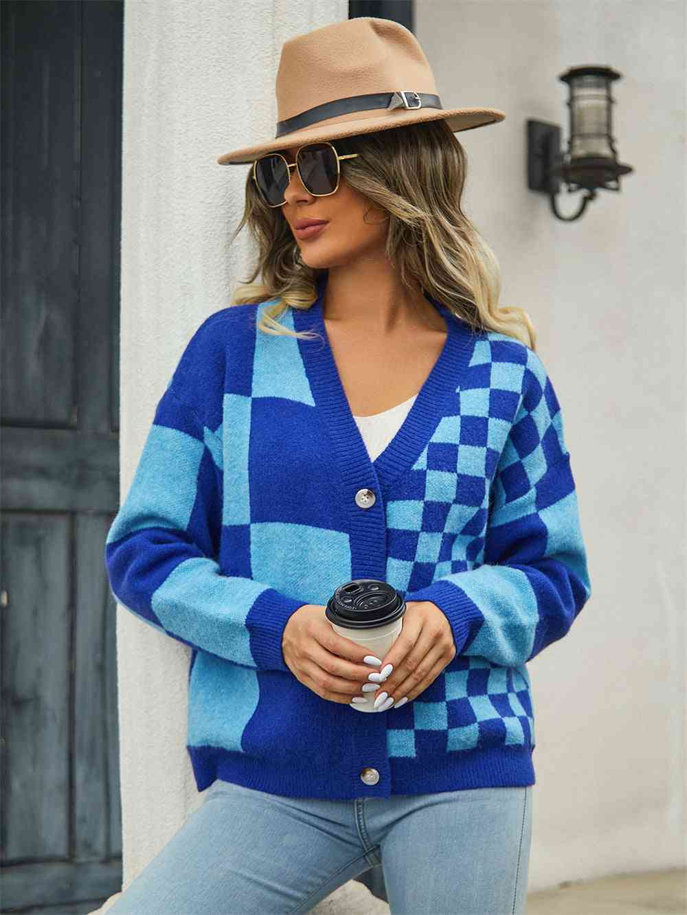 Plaid V-Neck Dropped Shoulder Cardigan - Ladyez