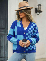 Plaid V-Neck Dropped Shoulder Cardigan - Ladyez