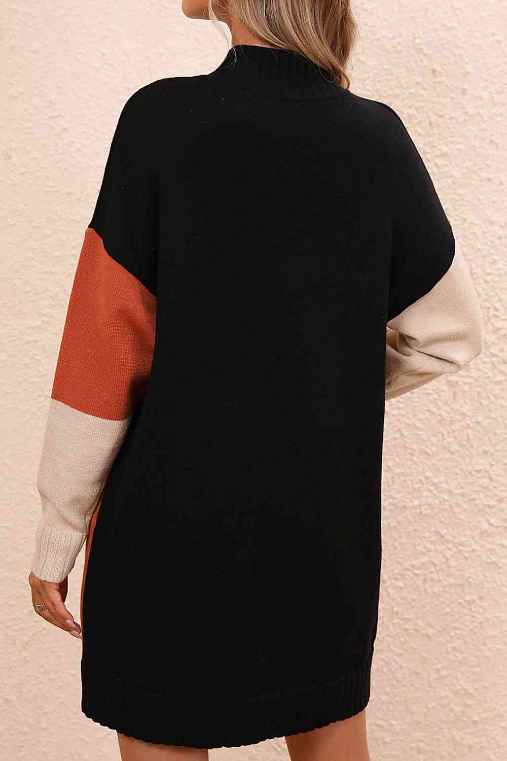 Color Block Mock Neck Dropped Shoulder Sweater Dress - Ladyez