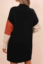 Color Block Mock Neck Dropped Shoulder Sweater Dress - Ladyez