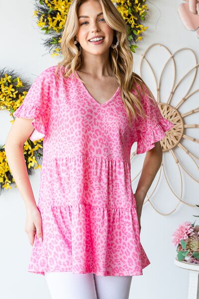 Heimish Full Size Leopard Ruffle Trim Short Sleeve Top - Ladyez
