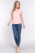 ACTIVE BASIC Lace Trim V-Neck Short Sleeve Ribbed Top - Ladyez