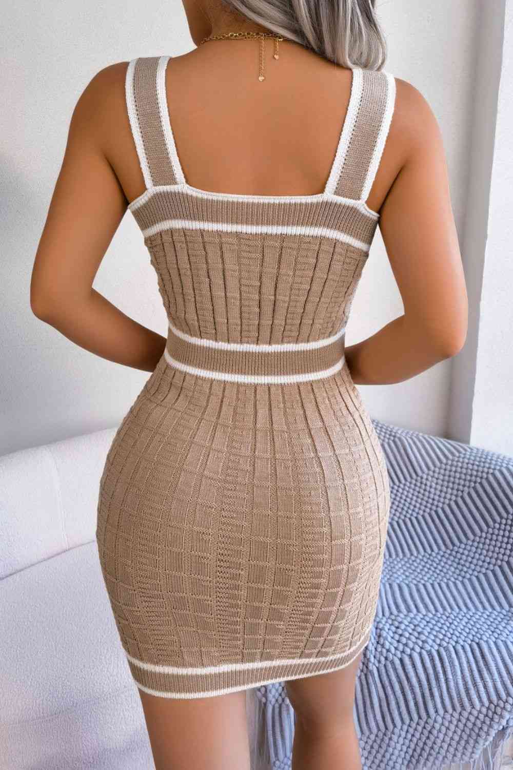 Contrast Trim Decorative Button Sleeveless Knit Dress - Ladyez