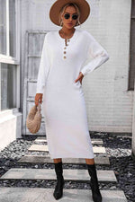 Notched Neck Dropped Shoulder Button-Down Midi Dress - Ladyez