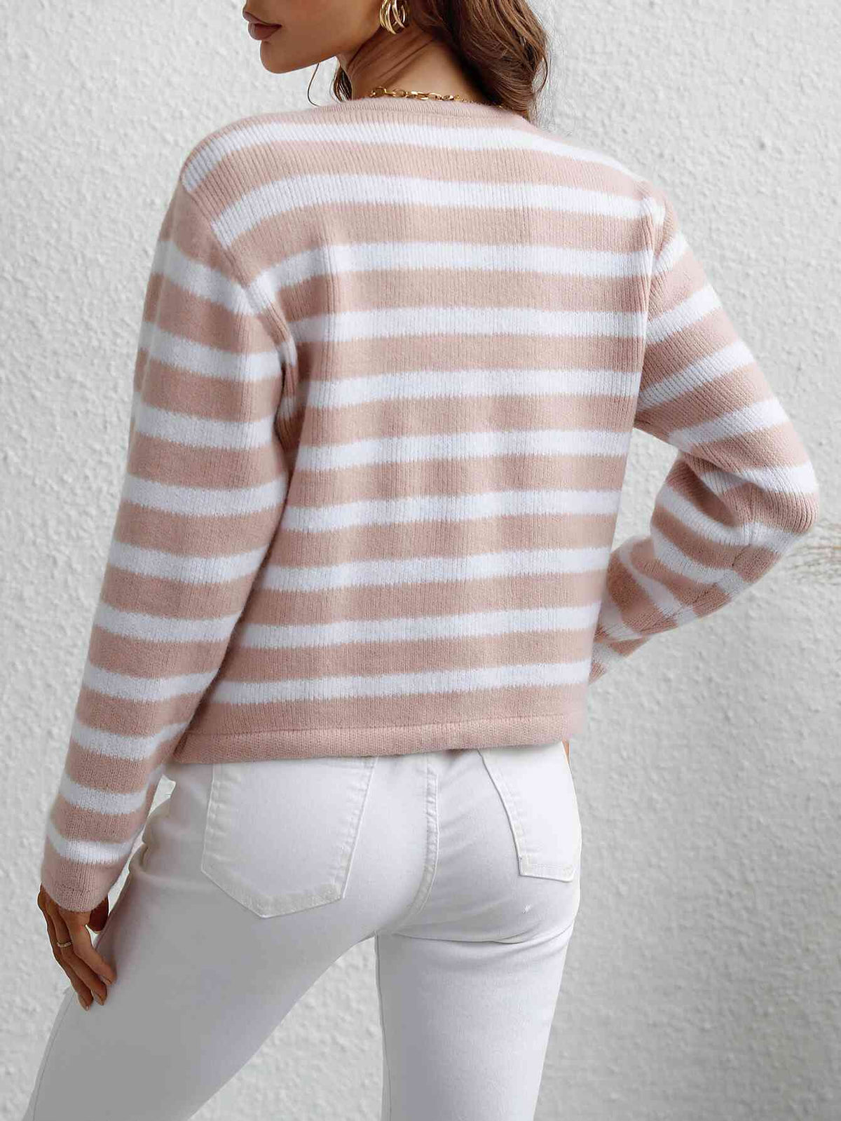 Woven Right Striped Button Front Cardigan - Ladyez