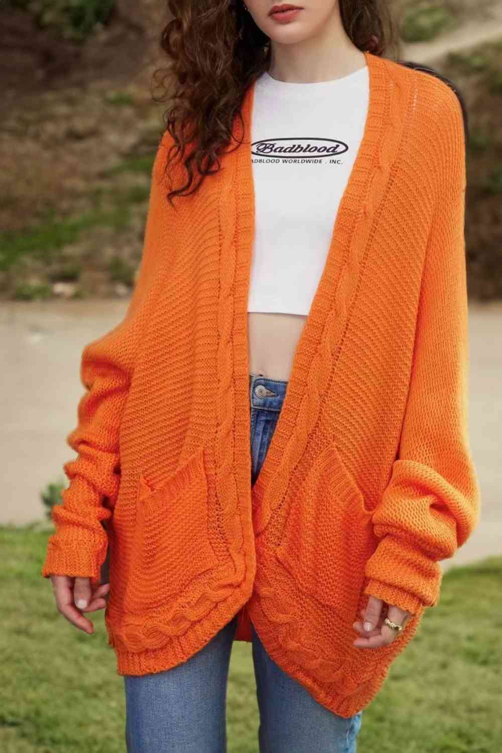 Cable-Knit Open Front Cardigan with Pockets - Ladyez