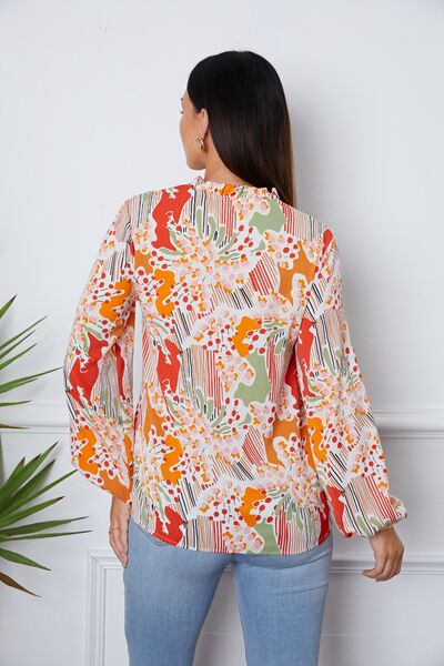 Floral Frill Notched Long Sleeve Blouse - Ladyez
