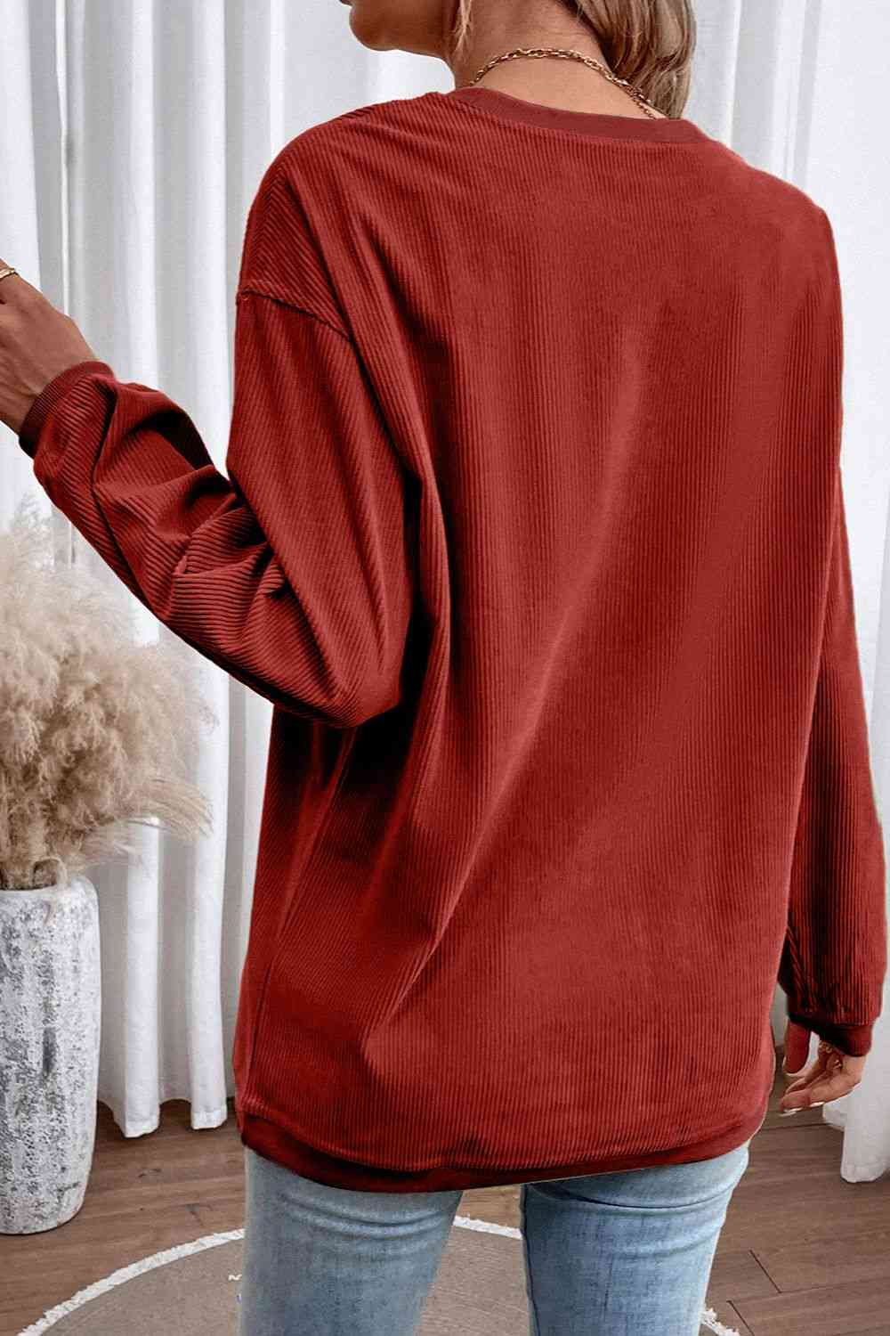 Ribbed Round Neck Drop Shoulder Sweatshirt - Ladyez