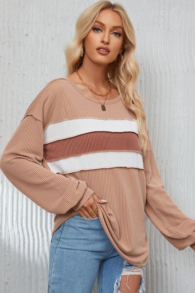 Ribbed Color Block Exposed Seam Round Neck Blouse - Ladyez