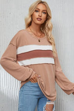 Ribbed Color Block Exposed Seam Round Neck Blouse - Ladyez