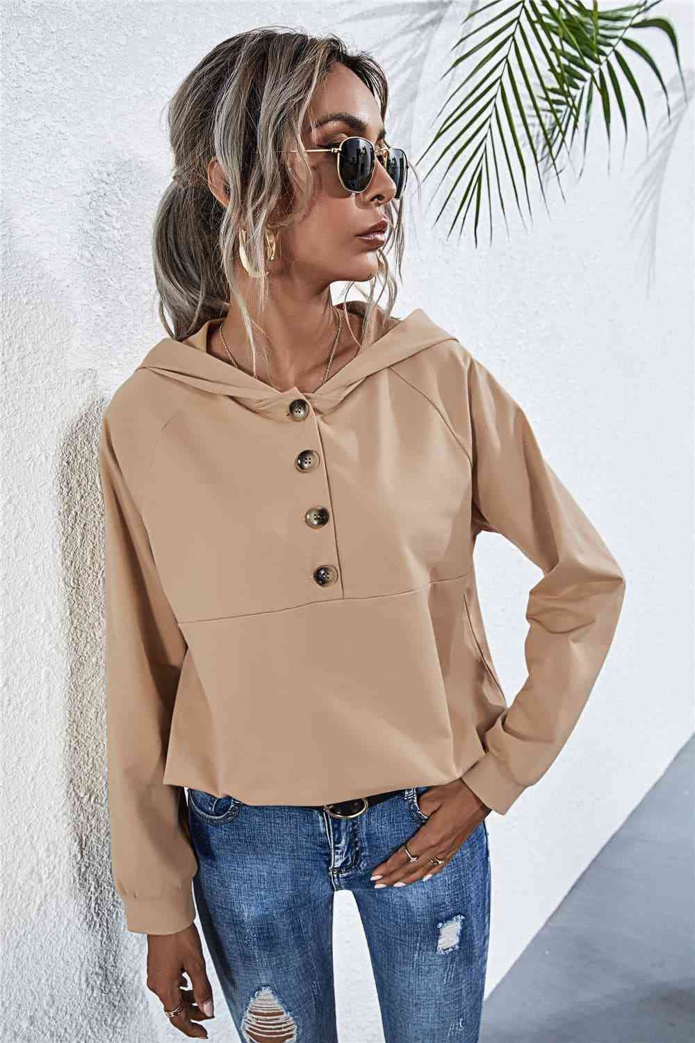 Buttoned Raglan Sleeve Hooded Blouse - Ladyez