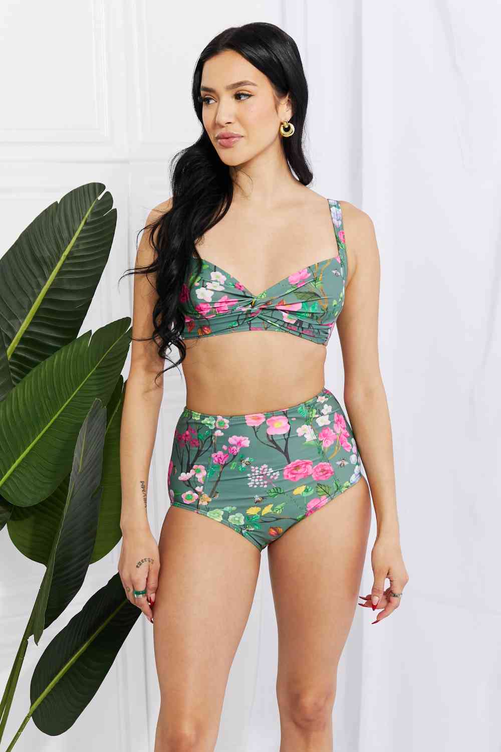 Marina West Swim Take A Dip Twist High-Rise Bikini in Sage - Ladyez