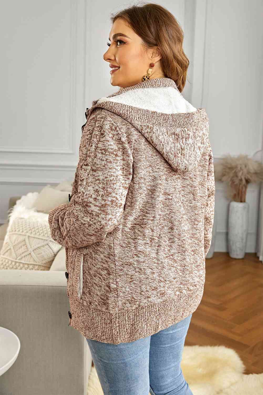 Cable-Knit Fleece Lining Button-Up Hooded Cardigan - Ladyez