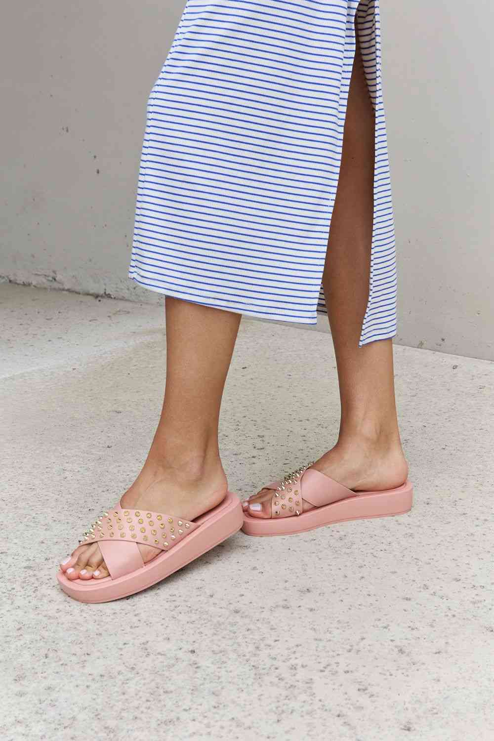 Forever Link Studded Cross Strap Sandals in Blush - Ladyez