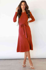 Round Neck Long Sleeve Tie Waist Sweater Dress - Ladyez