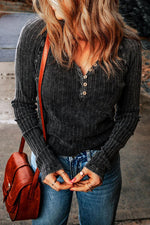 Ribbed Buttoned V-Neck Long Sleeve Top - Ladyez