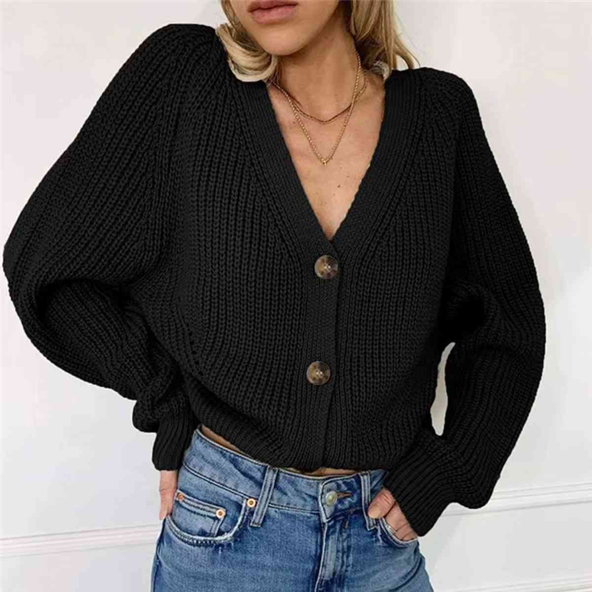 Button Up V-Neck Long Sleeve Cardigan - Ladyez