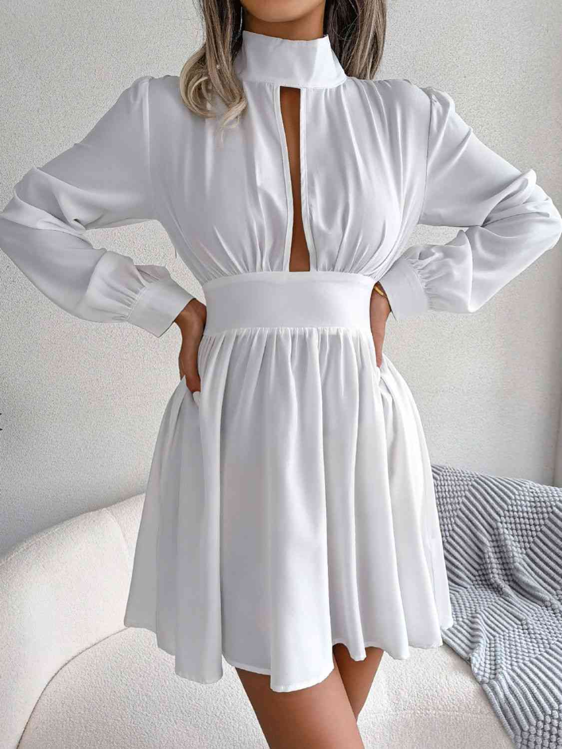 Cutout Turtleneck A-Line Mini Dress - Ladyez