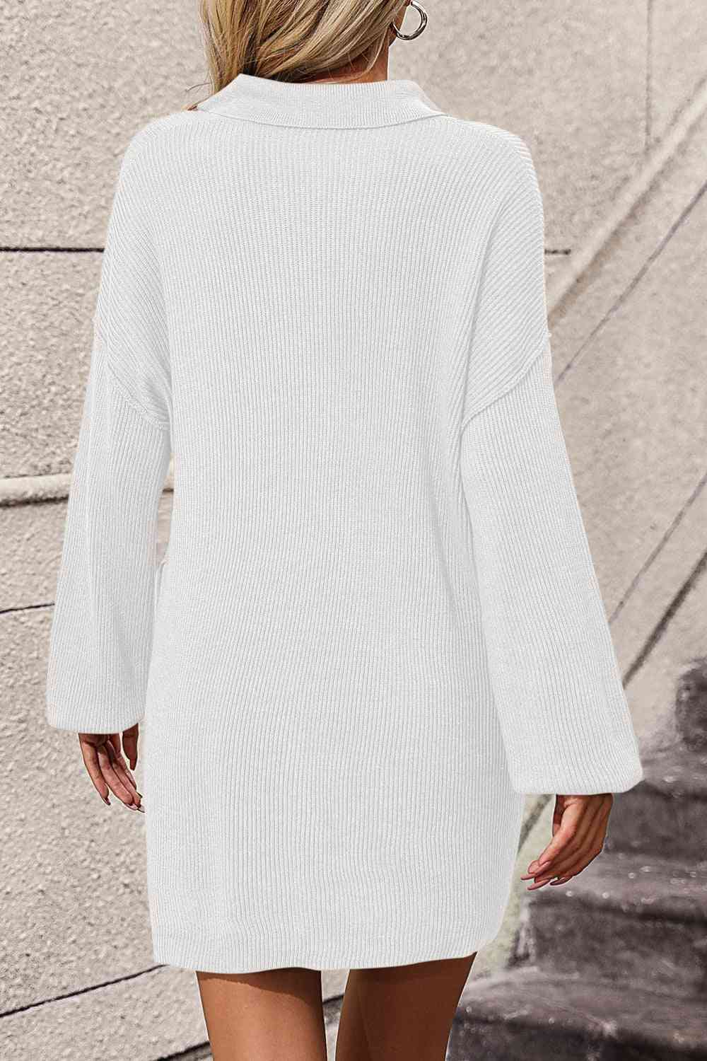 Johnny Collar Drop Shoulder Sweater Dress - Ladyez