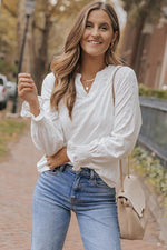 Openwork Notched Flounce Sleeve Blouse - Ladyez