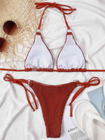 Textured Halter Neck Tie Side Bikini Set - Ladyez