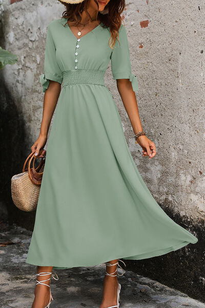 Smocked Quarter Button Short Sleeve Dress - Ladyez