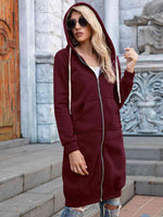 Zip-Up Longline Hoodie with Pockets - Ladyez