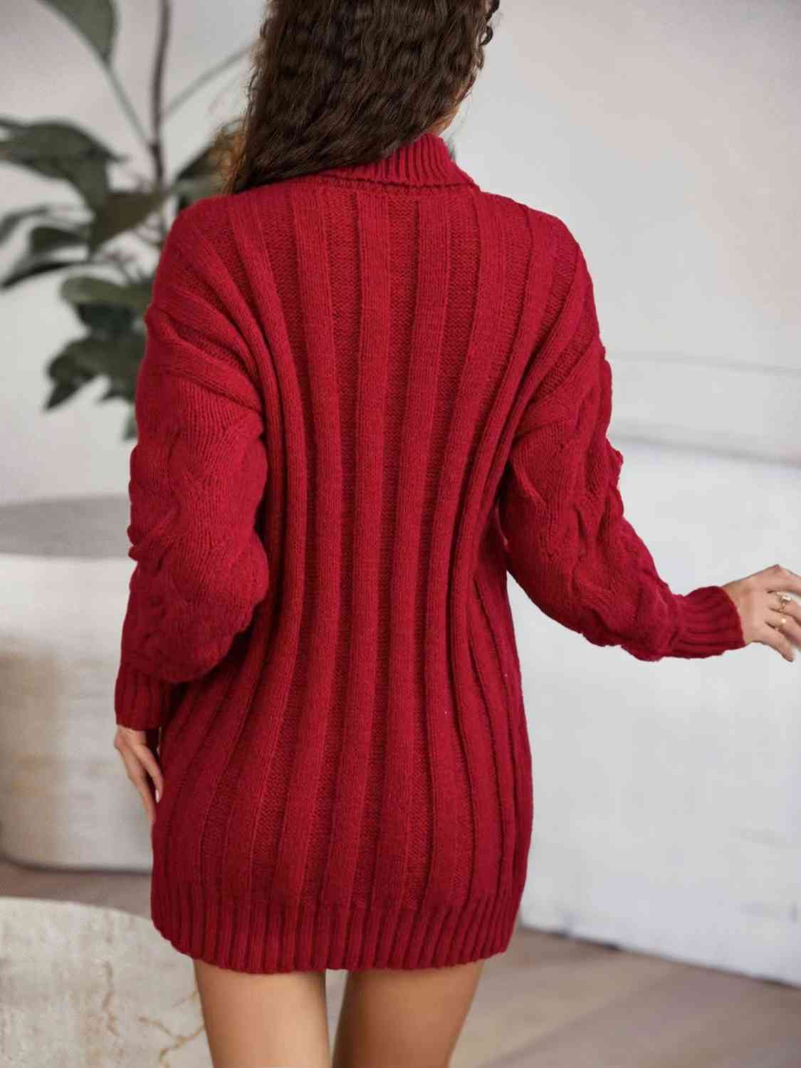 Cable-Knit Turtleneck Sweater Dress - Ladyez