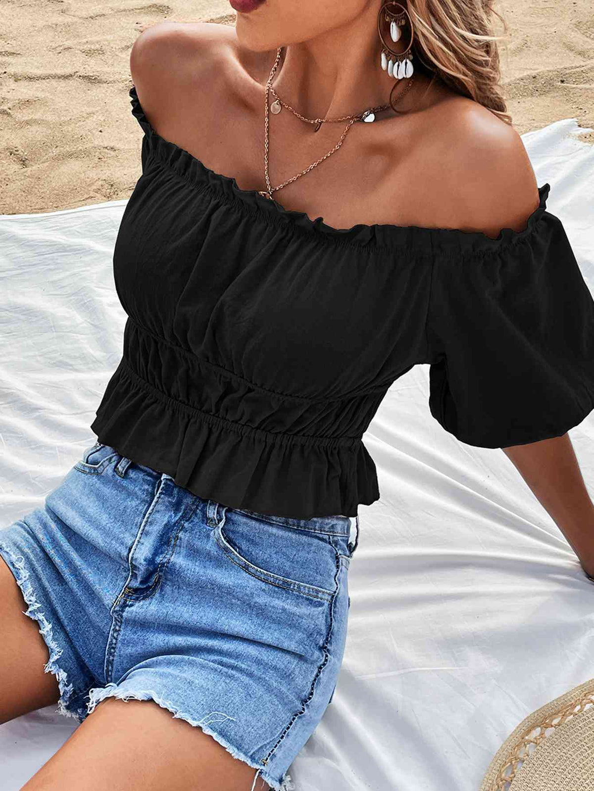 Off-Shoulder Frill Trim Peplum Top - Ladyez