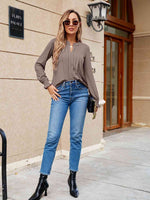 Pleated Notched Neck Flounce Sleeve Blouse - Ladyez