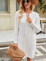 Notched Neck Cable-Knit Slit Sweater Dress - Ladyez