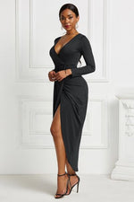 High-low Ruched Surplice Long Sleeve Dress - Ladyez