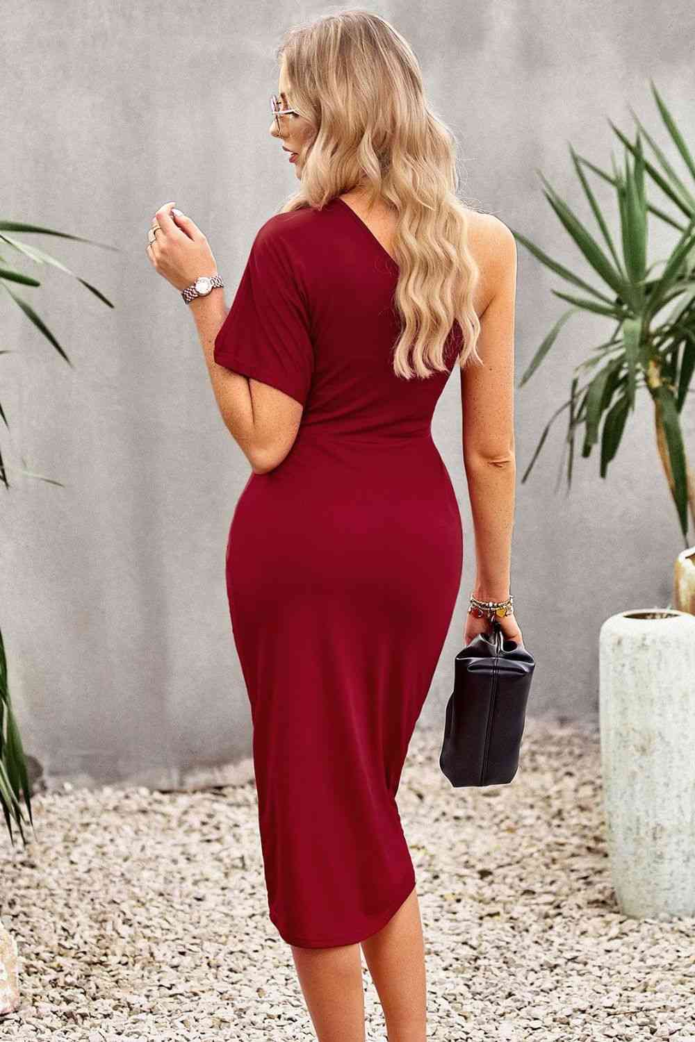 Ruched One-Shoulder Tulip Hem Dress - Ladyez