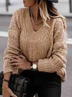 V-Neck Cable-Knit Long Sleeve Sweater - Ladyez