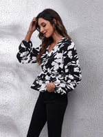 Floral V-Neck Balloon Sleeve Peplum Blouse - Ladyez