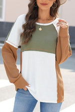 Waffle-Knit Color Block Long Sleeve Top - Ladyez
