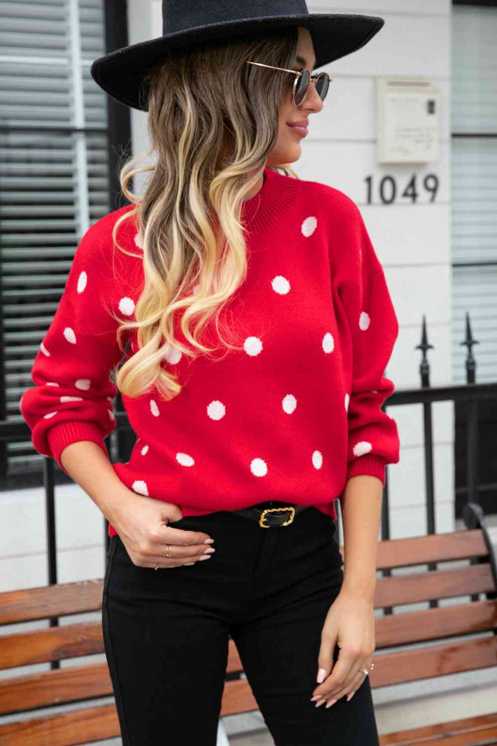 Woven Right Polka Dot Round Neck Dropped Shoulder Sweater - Ladyez