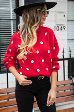 Woven Right Polka Dot Round Neck Dropped Shoulder Sweater - Ladyez