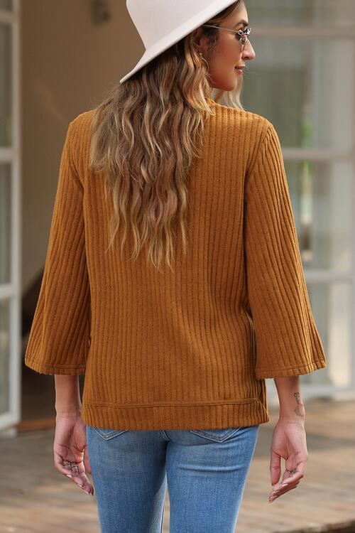 Ribbed Round Neck Slit Top - Ladyez