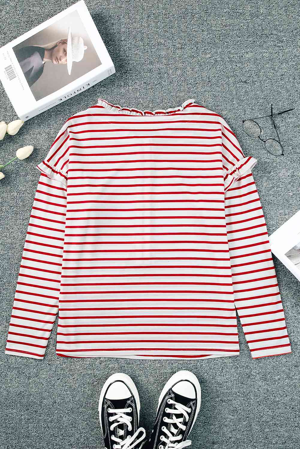 Striped Half Button Frill Trim Top - Ladyez
