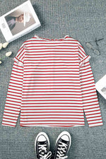 Striped Half Button Frill Trim Top - Ladyez