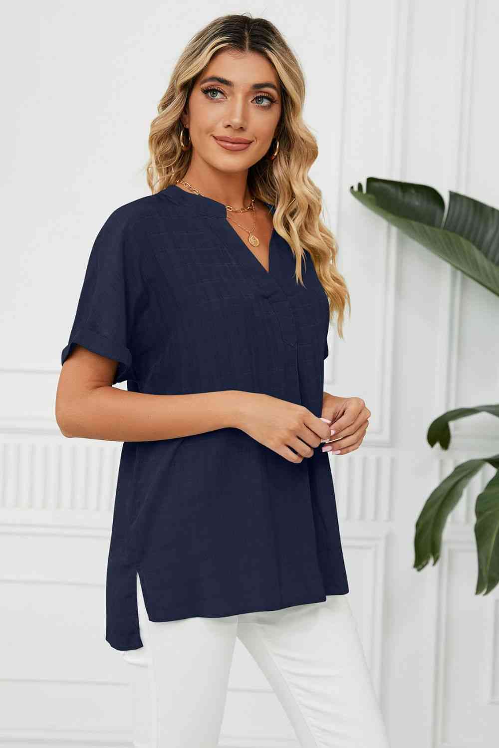 Side Slit Notched Neck Cuffed Short Sleeve Blouse - Ladyez