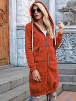 Zip-Up Longline Hoodie with Pockets - Ladyez