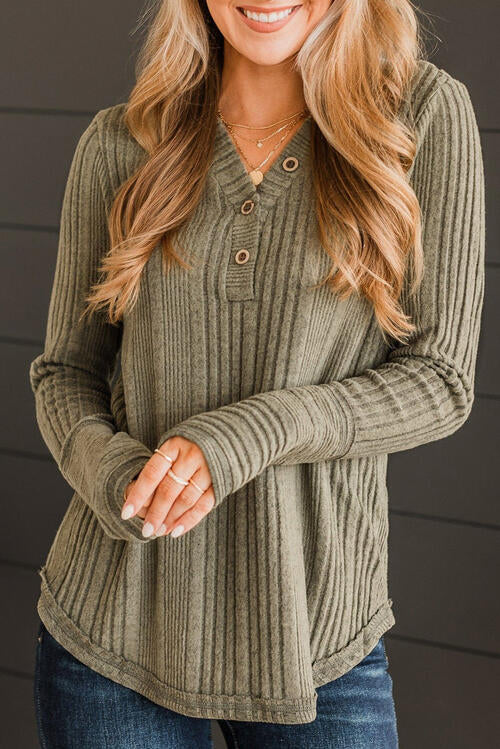 Ribbed Buttoned Long Sleeve Blouse - Ladyez