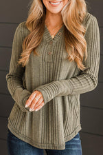 Ribbed Buttoned Long Sleeve Blouse - Ladyez