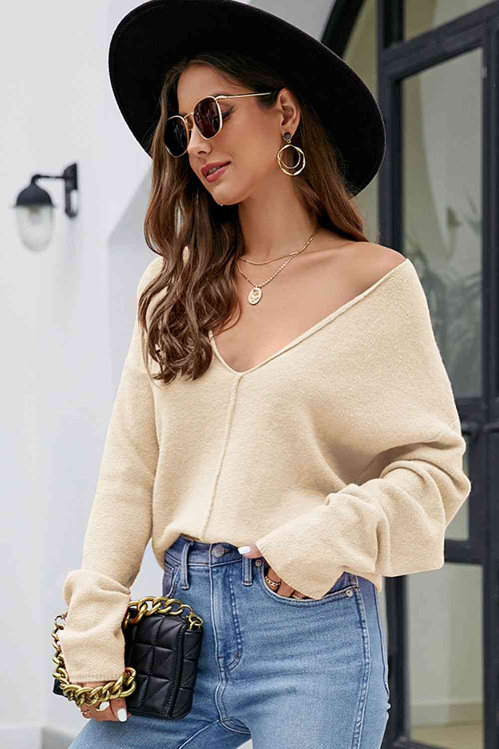 V-Neck Center Seam Sweater - Ladyez