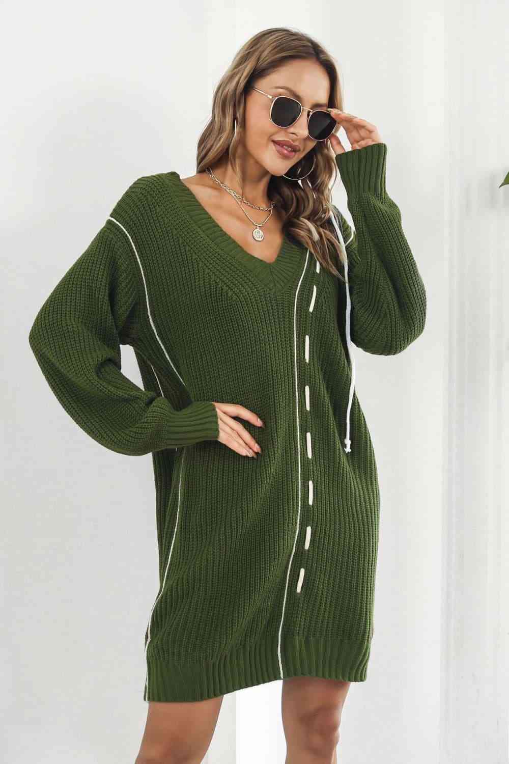 Contrast V-Neck Sweater Dress - Ladyez