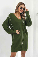 Contrast V-Neck Sweater Dress - Ladyez